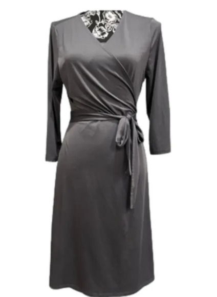 LuLaRoe Gray Wrap Dress Long Sleeve Midi Tie Waist Medium - Picture 2 of 8